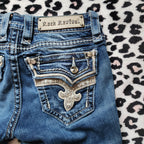 Y2K Rock Revival Low Rise Medium Wash Blue Cathedral Embellished Bootcut Denim Jeans