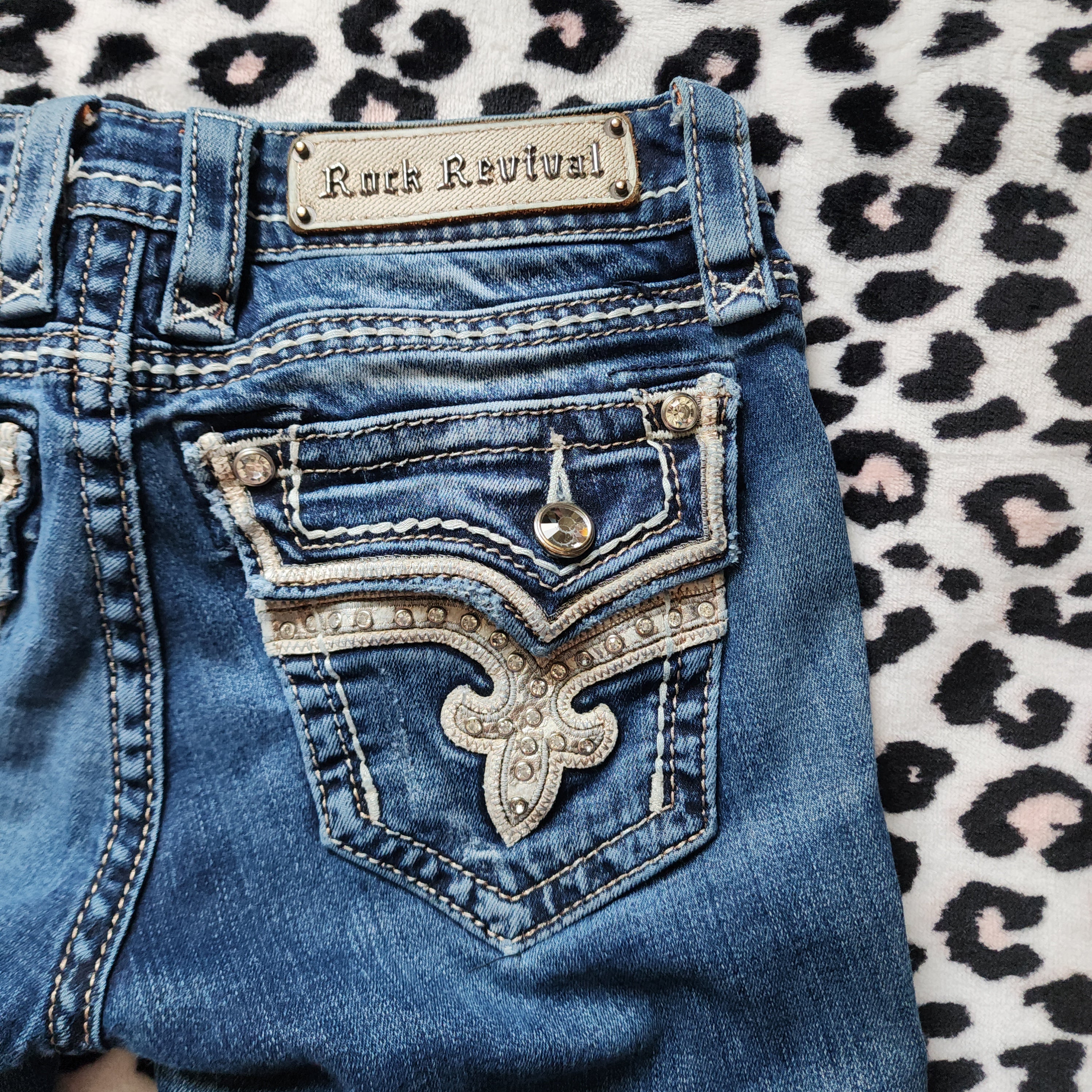 Y2K Rock Revival Low Rise Medium Wash Blue Cathedral Embellished Bootcut Denim Jeans