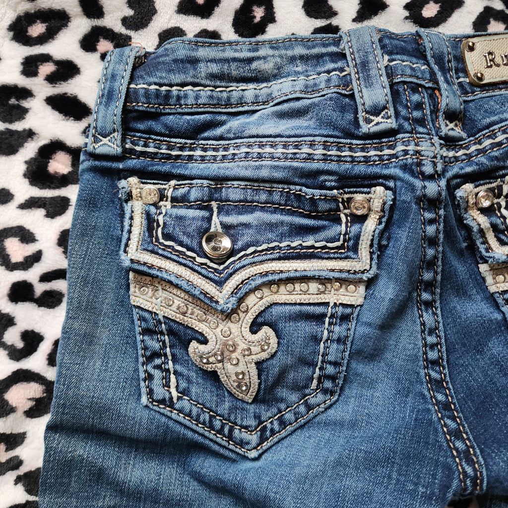 Y2K Rock Revival Low Rise Medium Wash Blue Cathedral Embellished Bootcut Denim Jeans
