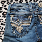 Y2K Rock Revival Low Rise Medium Wash Blue Cathedral Embellished Bootcut Denim Jeans