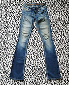 Y2K Rock Revival Low Rise Medium Wash Blue Cathedral Embellished Bootcut Denim Jeans
