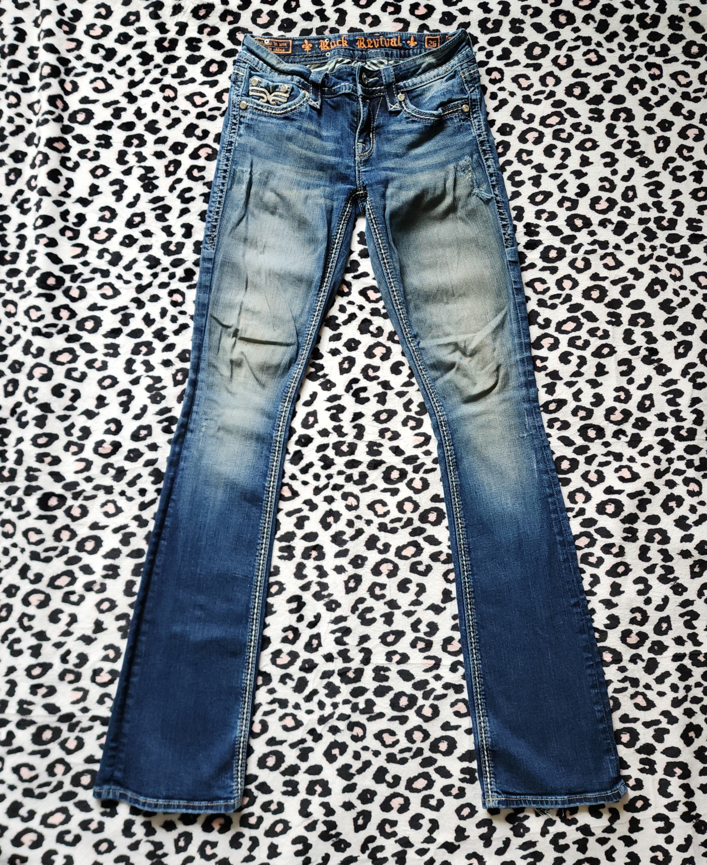 Y2K Rock Revival Low Rise Medium Wash Blue Cathedral Embellished Bootcut Denim Jeans