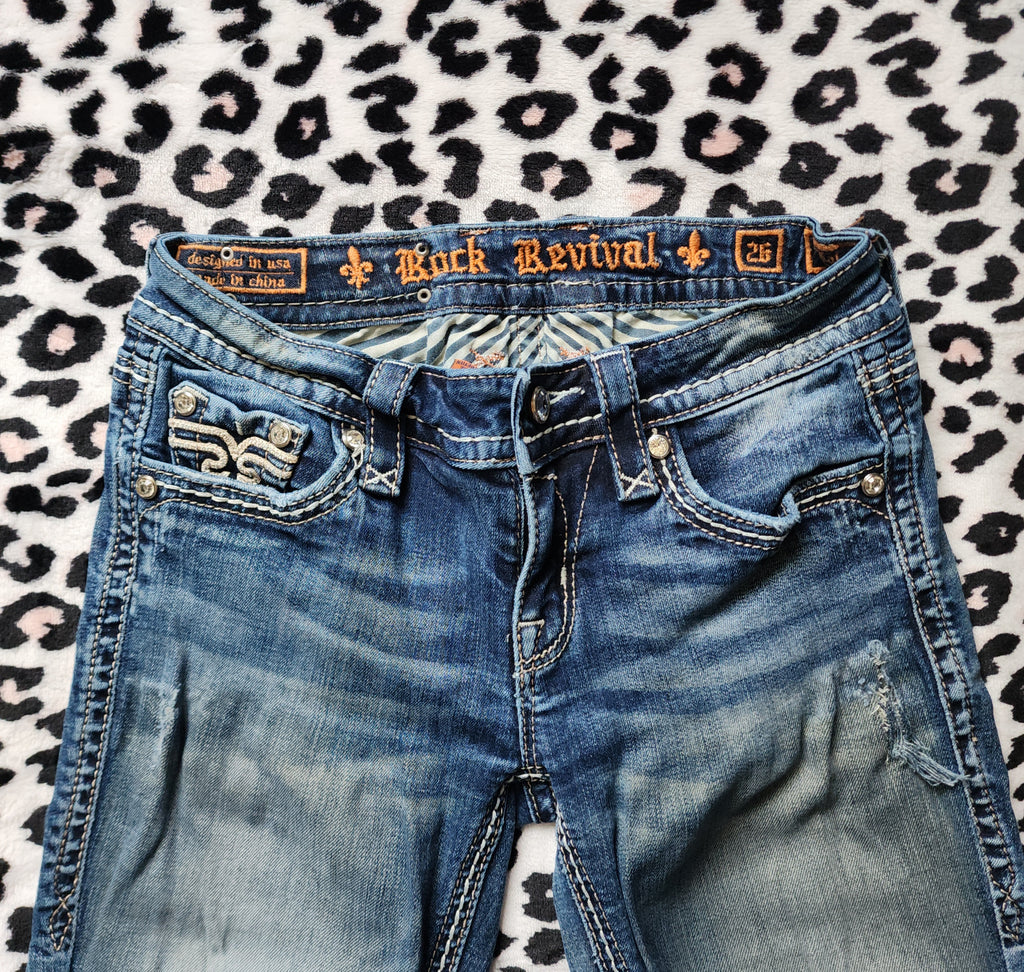 Y2K Rock Revival Low Rise Medium Wash Blue Cathedral Embellished Bootcut Denim Jeans
