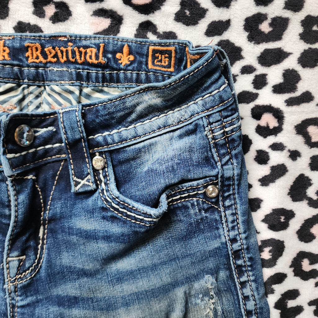 Y2K Rock Revival Low Rise Medium Wash Blue Cathedral Embellished Bootcut Denim Jeans