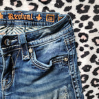 Y2K Rock Revival Low Rise Medium Wash Blue Cathedral Embellished Bootcut Denim Jeans