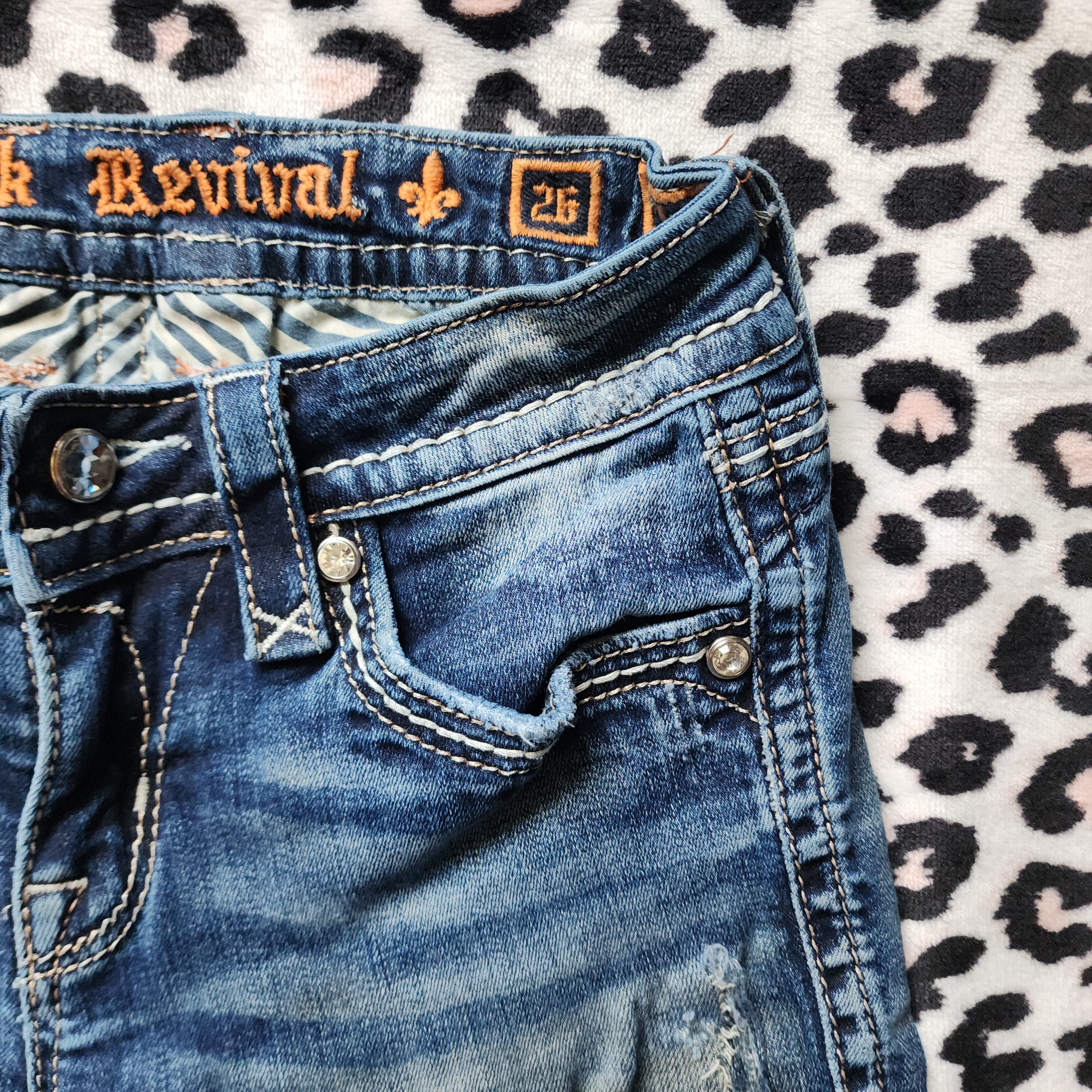 Y2K Rock Revival Low Rise Medium Wash Blue Cathedral Embellished Bootcut Denim Jeans