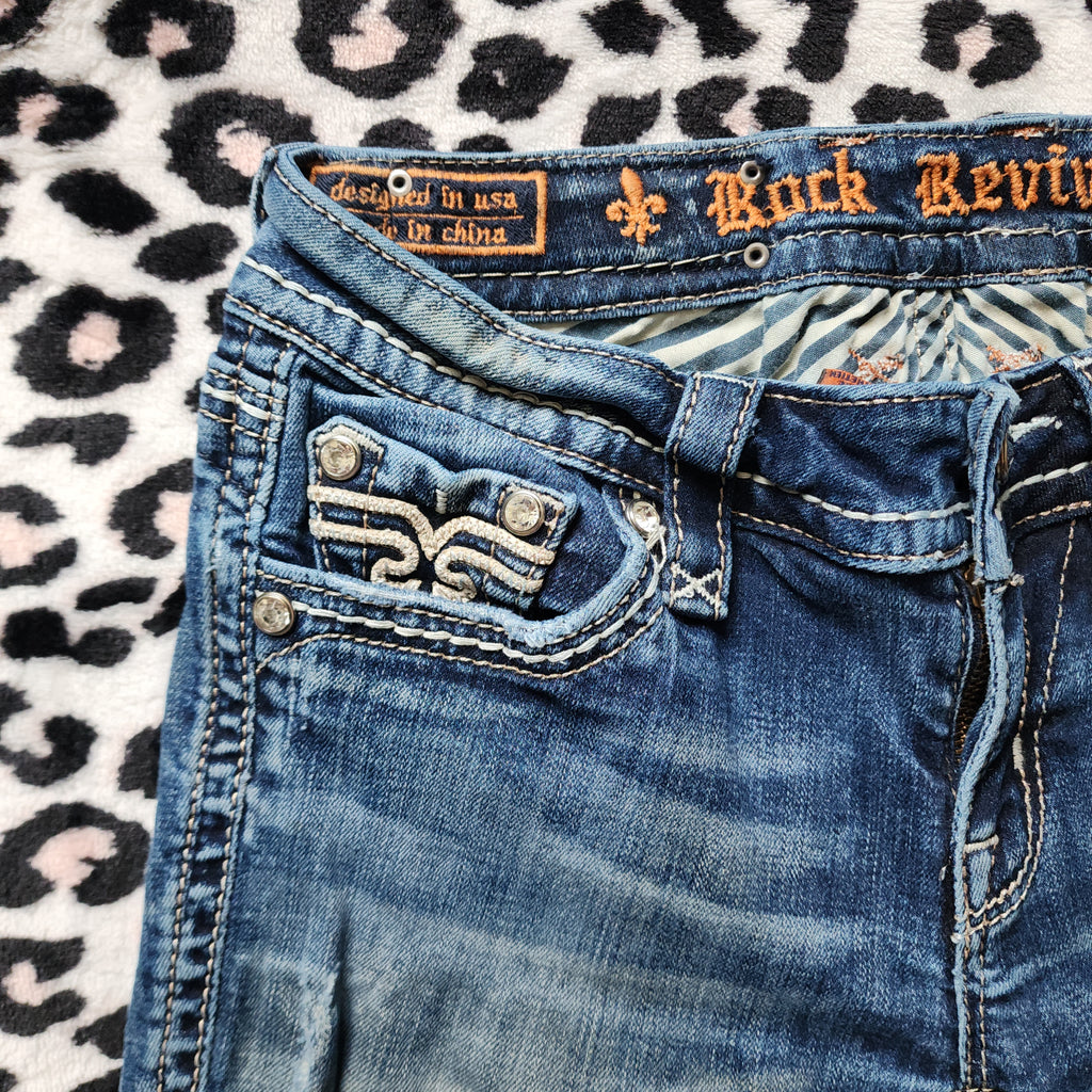 Y2K Rock Revival Low Rise Medium Wash Blue Cathedral Embellished Bootcut Denim Jeans
