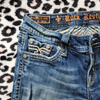 Y2K Rock Revival Low Rise Medium Wash Blue Cathedral Embellished Bootcut Denim Jeans