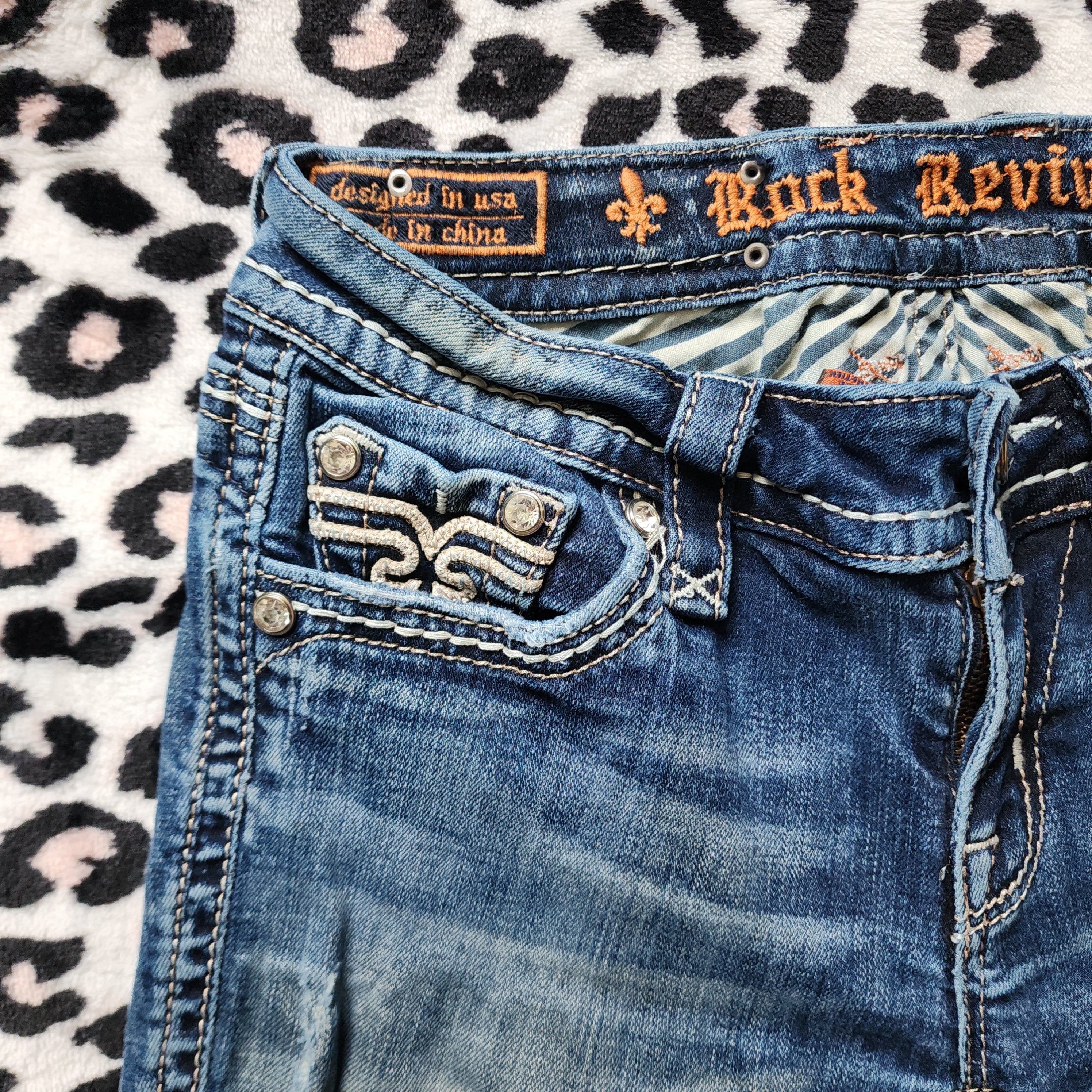 Y2K Rock Revival Low Rise Medium Wash Blue Cathedral Embellished Bootcut Denim Jeans