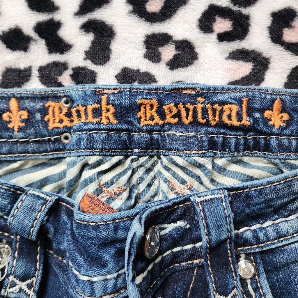 Y2K Rock Revival Low Rise Medium Wash Blue Cathedral Embellished Bootcut Denim Jeans