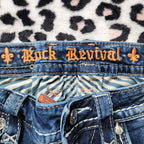 Y2K Rock Revival Low Rise Medium Wash Blue Cathedral Embellished Bootcut Denim Jeans