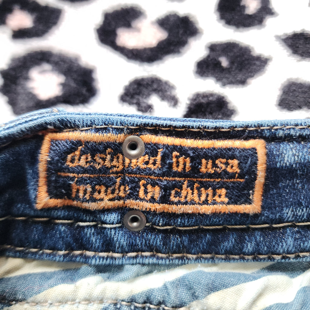 Y2K Rock Revival Low Rise Medium Wash Blue Cathedral Embellished Bootcut Denim Jeans