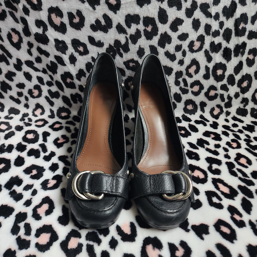Vintage Nine West Black Leather Chunky Mary Jane Buckle High Heels