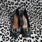 Vintage Nine West Black Leather Chunky Mary Jane Buckle High Heels
