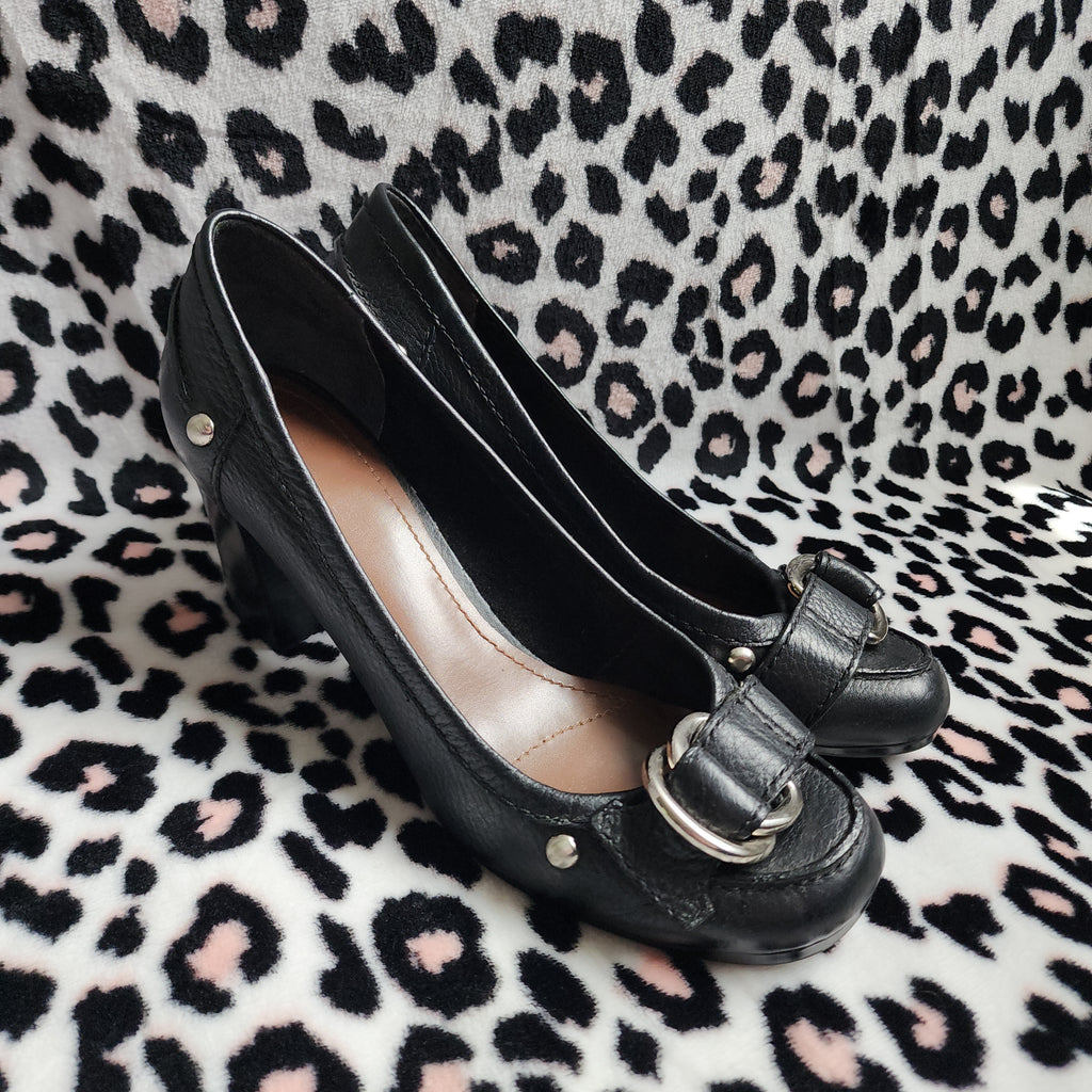 Vintage Nine West Black Leather Chunky Mary Jane Buckle High Heels