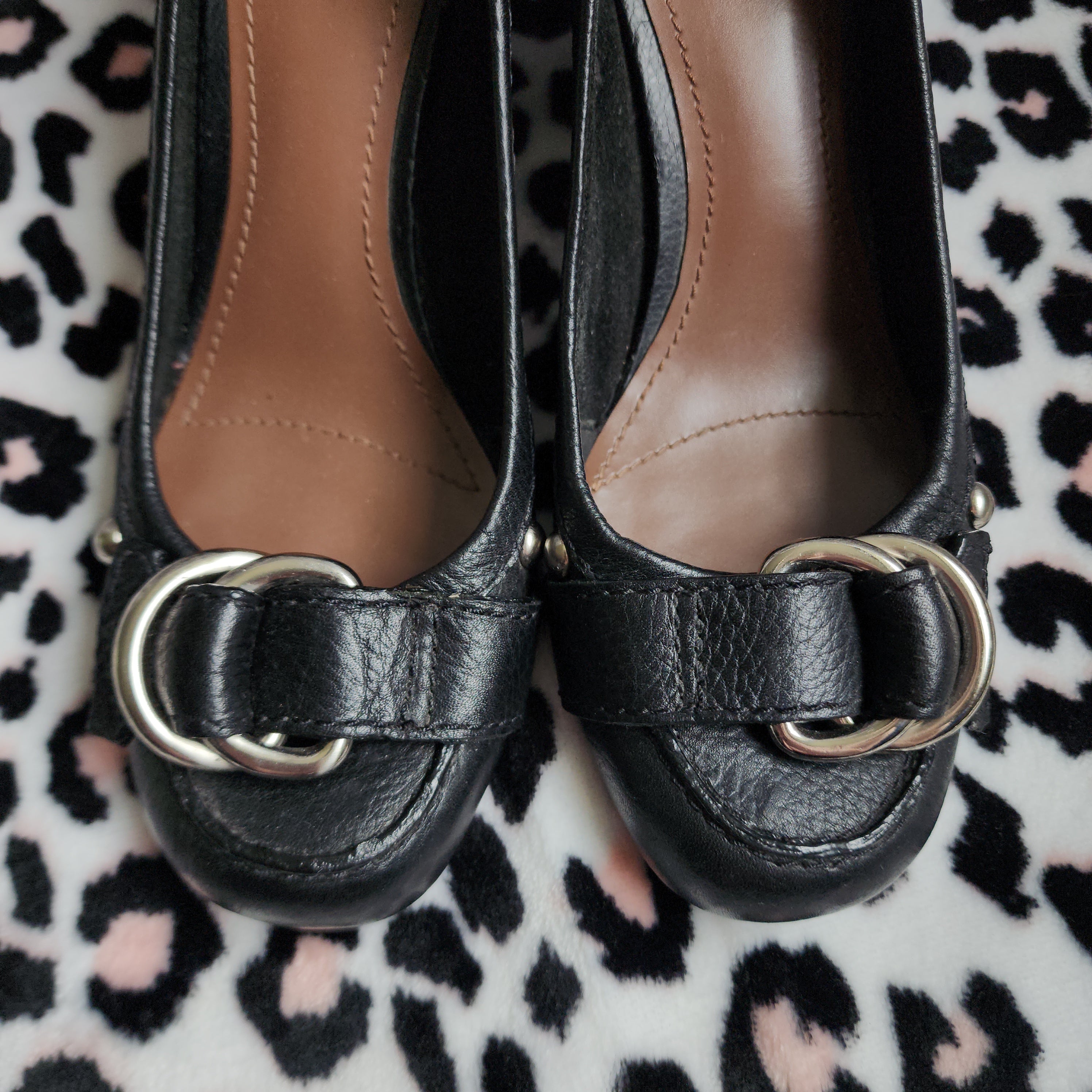 Vintage Nine West Black Leather Chunky Mary Jane Buckle High Heels