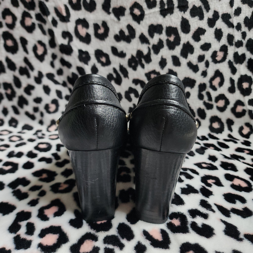 Vintage Nine West Black Leather Chunky Mary Jane Buckle High Heels