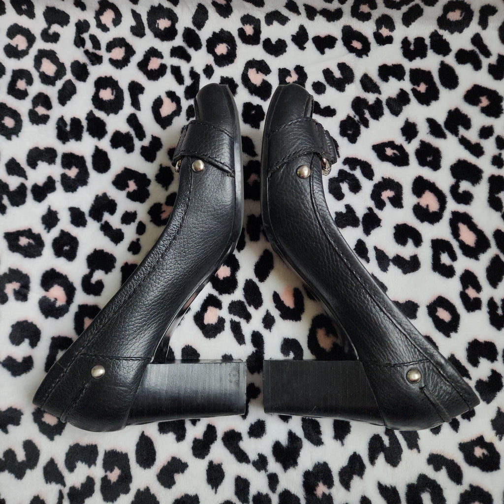 Vintage Nine West Black Leather Chunky Mary Jane Buckle High Heels