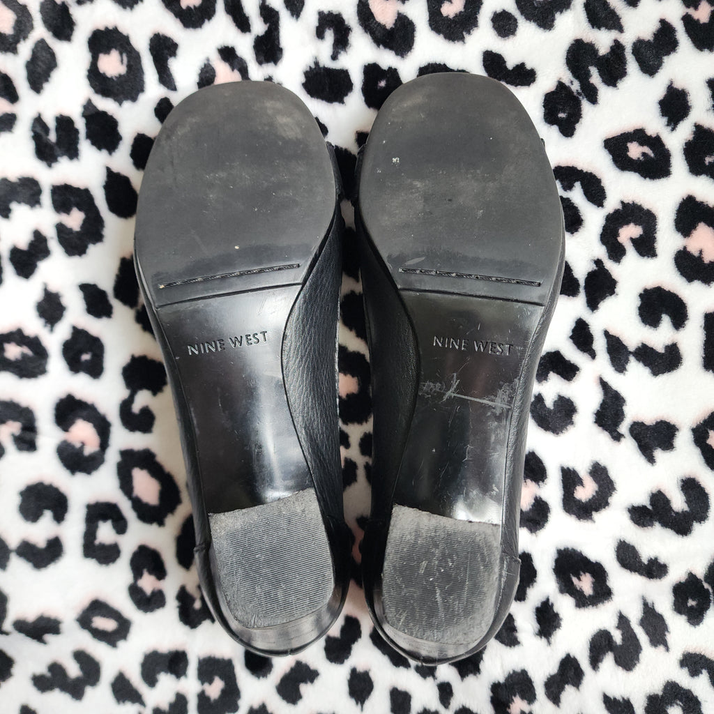 Vintage Nine West Black Leather Chunky Mary Jane Buckle High Heels