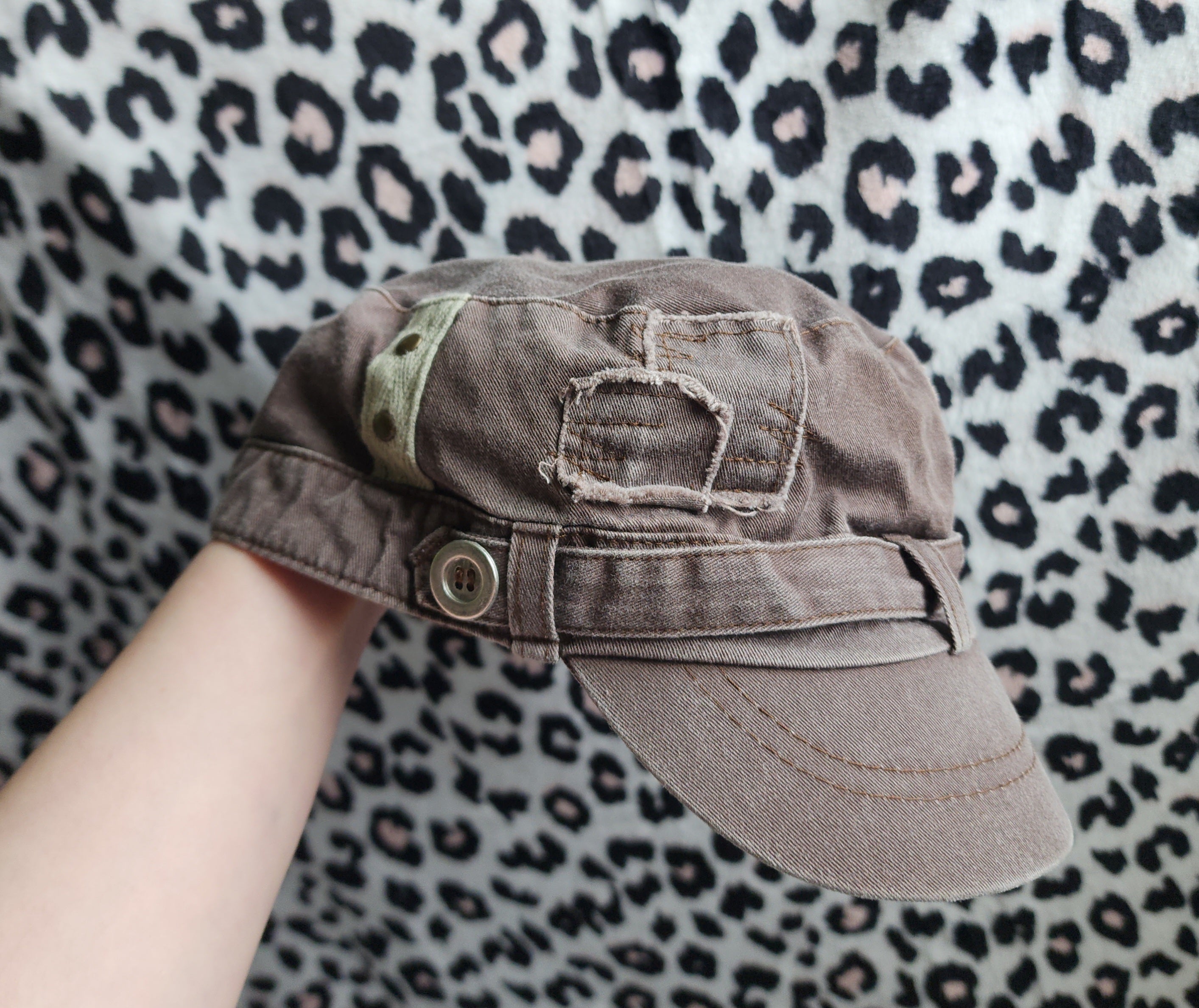 Y2K Inspired Brown Patchwork Distressed Cadet Hat