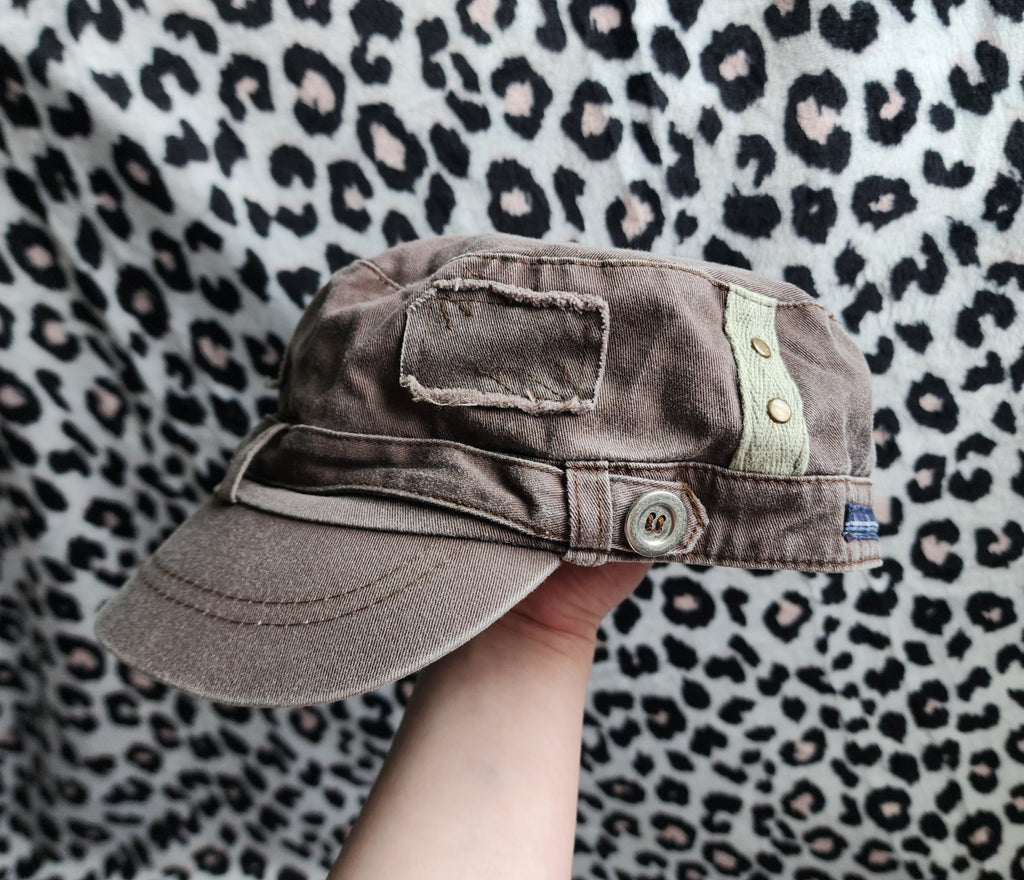 Y2K Inspired Brown Patchwork Distressed Cadet Hat