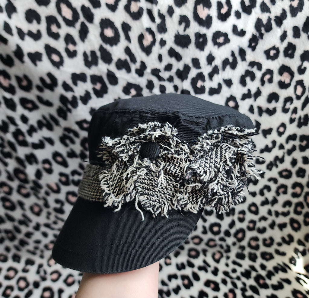 Y2K Inspired Black and Grey Tweed Floral Cadet Hat