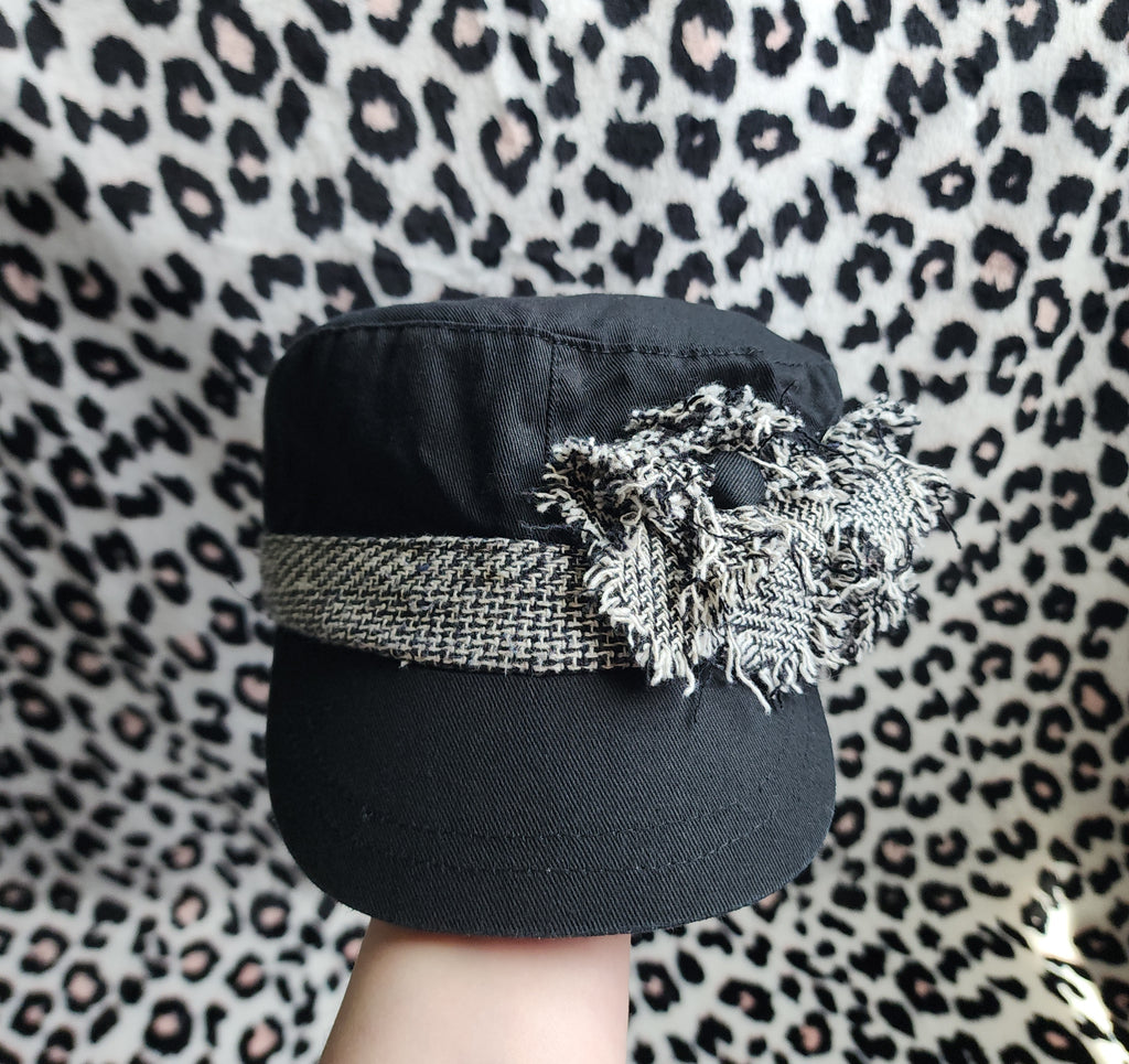 Y2K Inspired Black and Grey Tweed Floral Cadet Hat