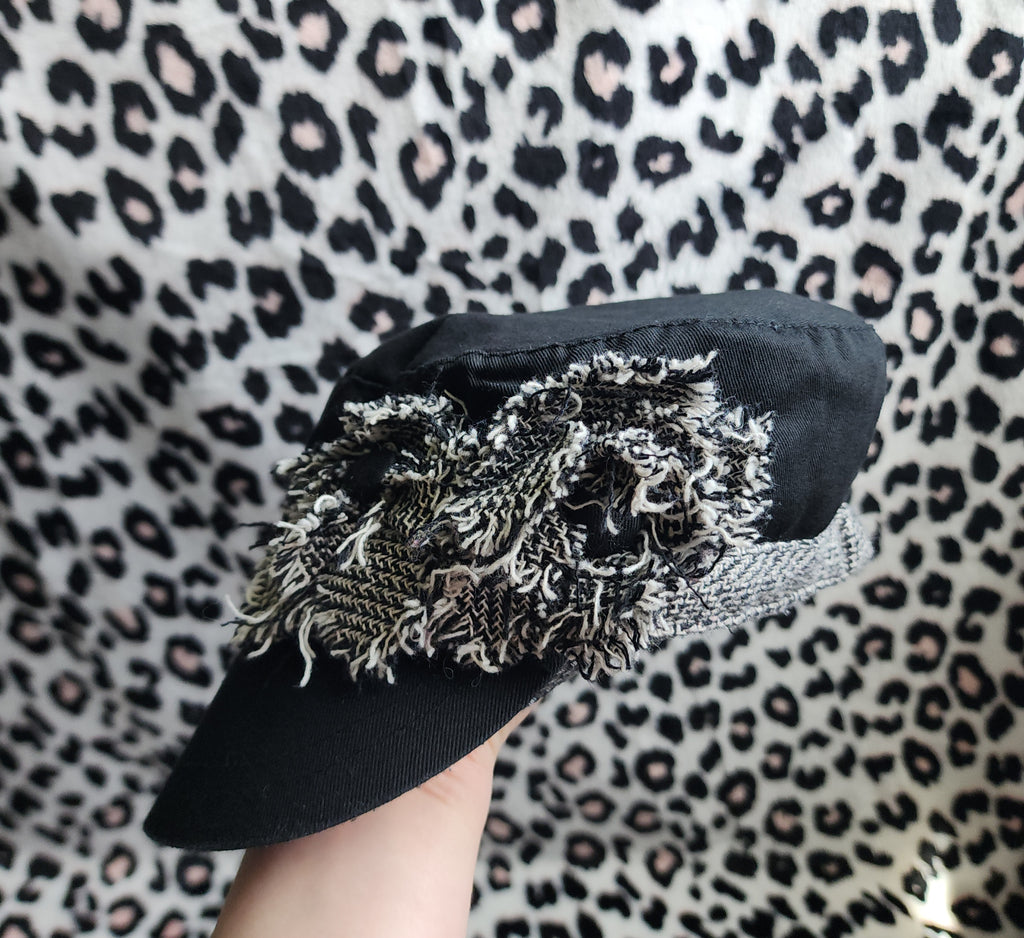 Y2K Inspired Black and Grey Tweed Floral Cadet Hat