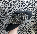 Y2K Inspired Black and Grey Tweed Floral Cadet Hat
