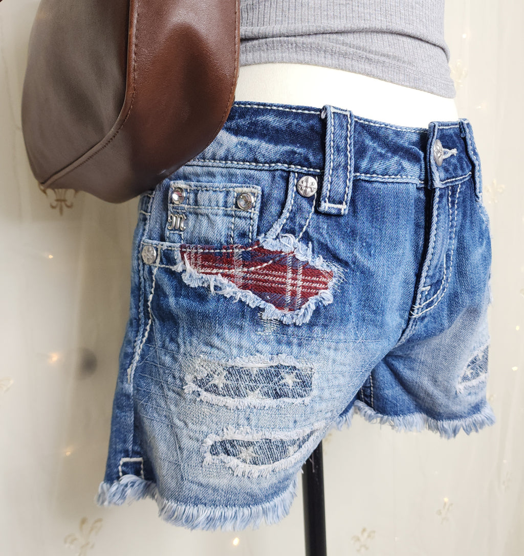 Y2K Miss Me American Embroidered Low Rise Ombre Blue Denim Frayed Shorts