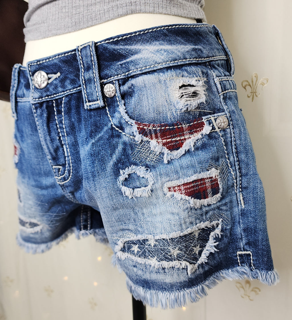 Y2K Miss Me American Embroidered Low Rise Ombre Blue Denim Frayed Shorts