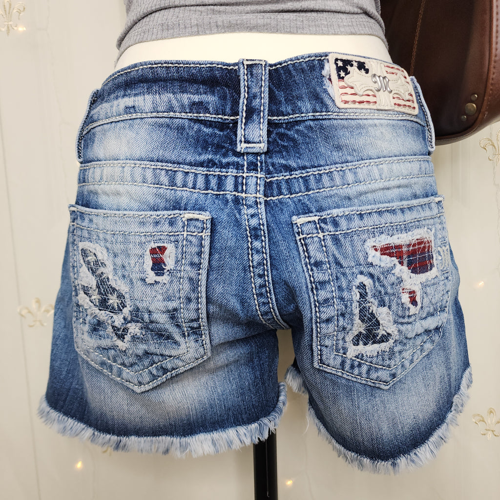 Y2K Miss Me American Embroidered Low Rise Ombre Blue Denim Frayed Shorts