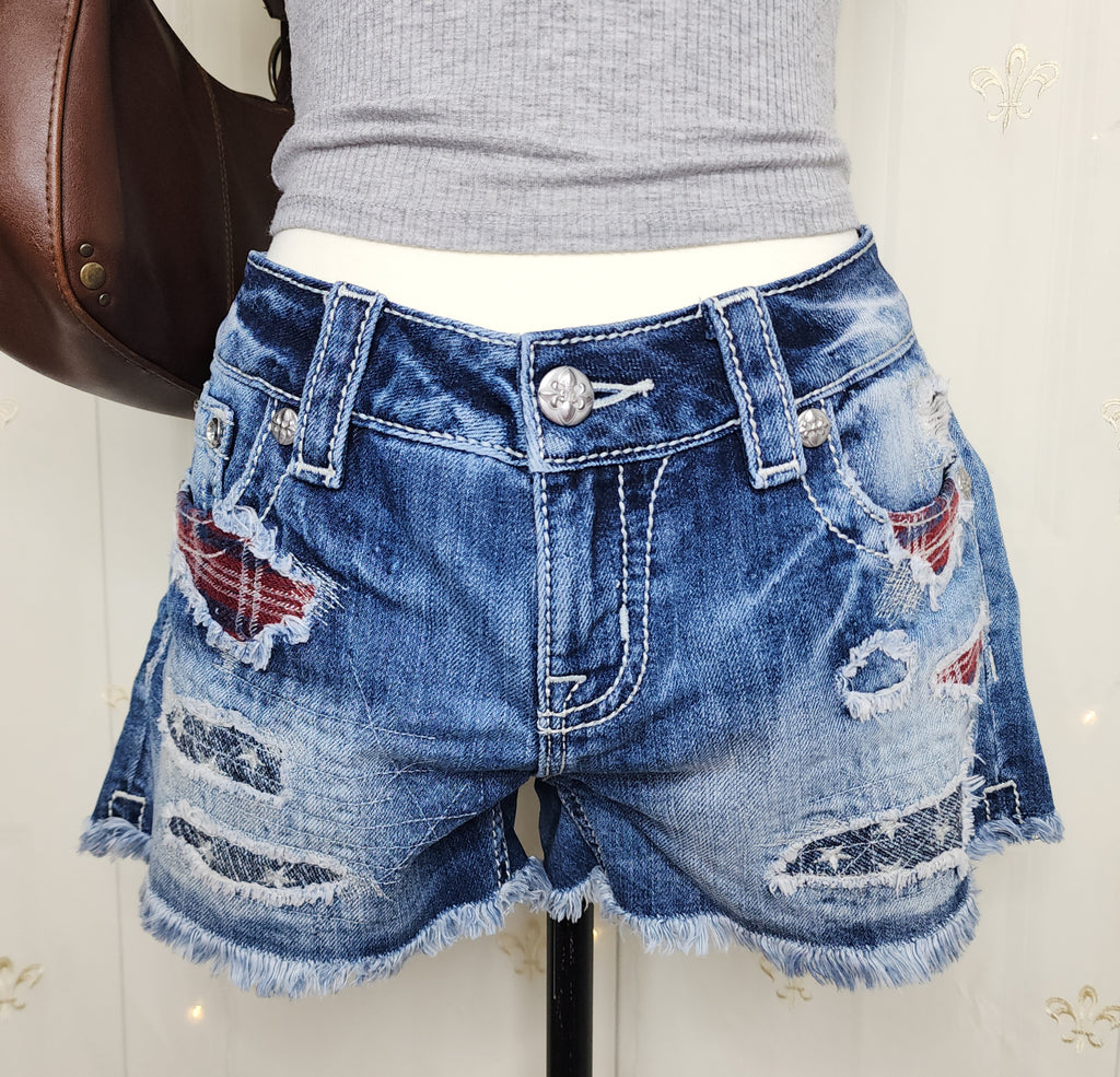 Y2K Miss Me American Embroidered Low Rise Ombre Blue Denim Frayed Shorts