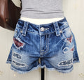 Y2K Miss Me American Embroidered Low Rise Ombre Blue Denim Frayed Shorts