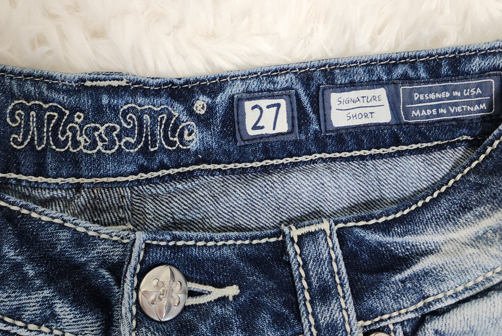 Y2K Miss Me American Embroidered Low Rise Ombre Blue Denim Frayed Shorts