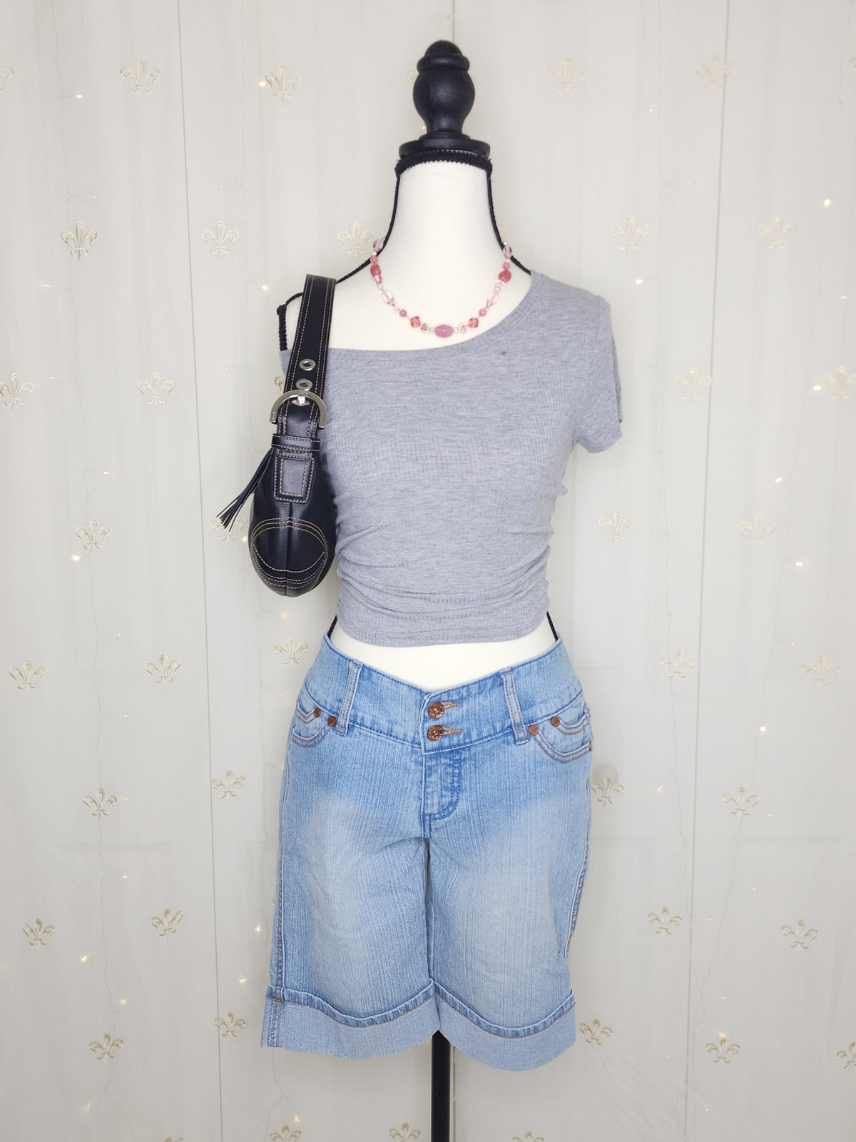 Y2K Low Rise Light Wash Blue Denim Embroidered Unique Capris