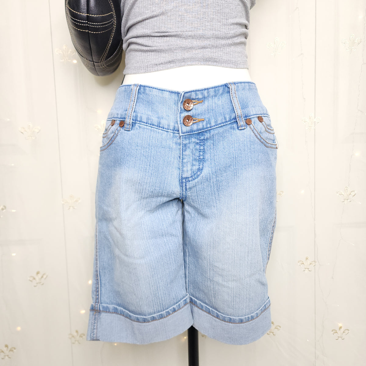 Y2K Low Rise Light Wash Blue Denim Embroidered Unique Capris