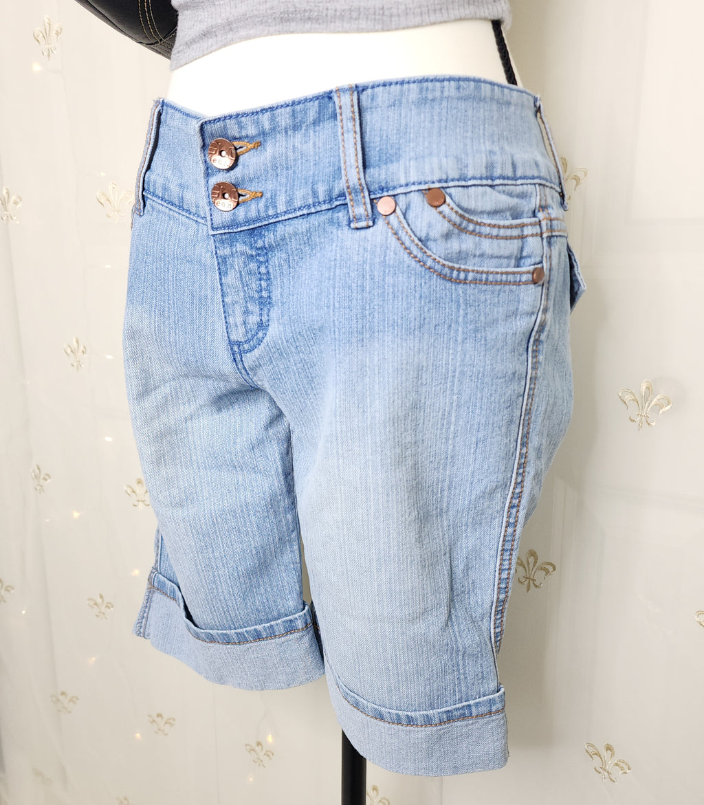 Y2K Low Rise Light Wash Blue Denim Embroidered Unique Capris