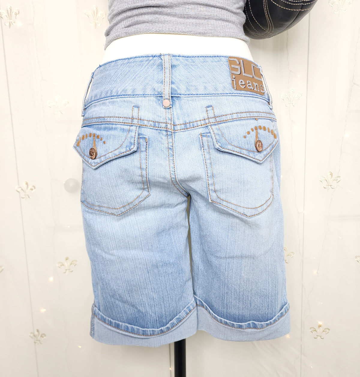 Y2K Low Rise Light Wash Blue Denim Embroidered Unique Capris