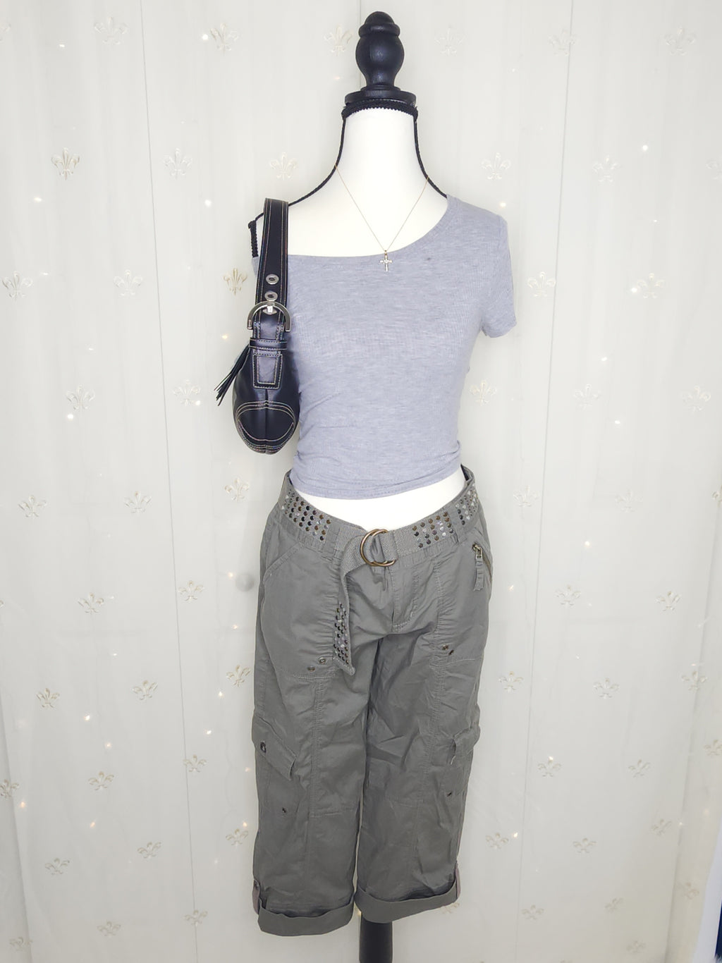Y2K Green Olive Lowrise Cargo Capris with Built-In Studded Belt