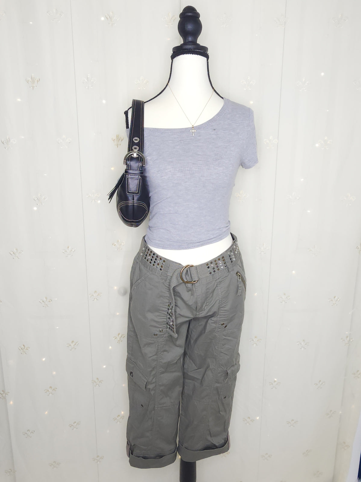Y2K Green Olive Lowrise Cargo Capris with Built-In Studded Belt
