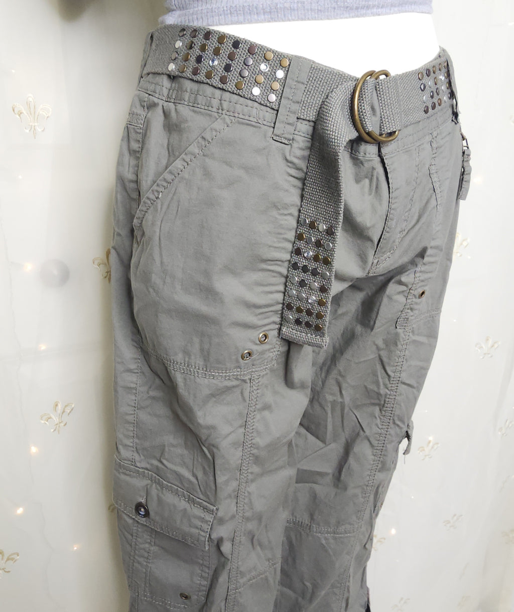 Y2K Green Olive Lowrise Cargo Capris with Built-In Studded Belt