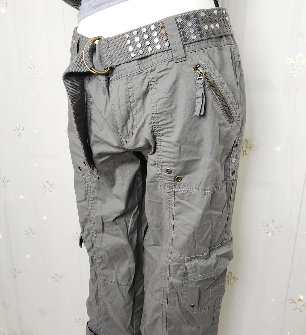 Y2K Green Olive Lowrise Cargo Capris with Built-In Studded Belt