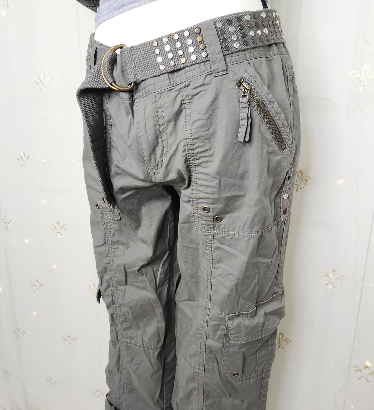 Y2K Green Olive Lowrise Cargo Capris with Built-In Studded Belt