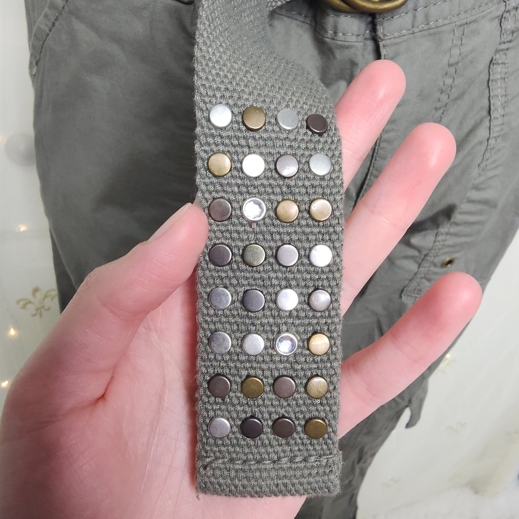 Y2K Green Olive Lowrise Cargo Capris with Built-In Studded Belt