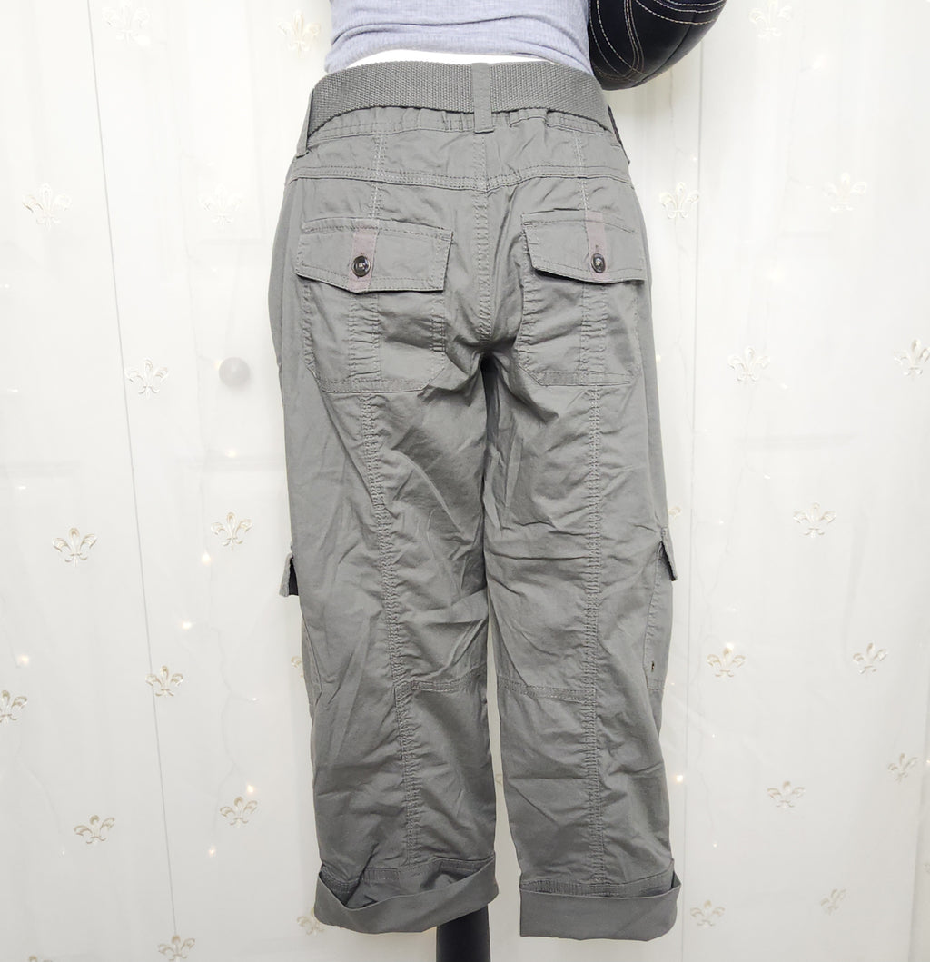 Y2K Green Olive Lowrise Cargo Capris with Built-In Studded Belt
