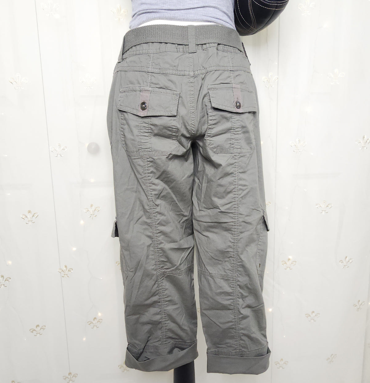 Y2K Green Olive Lowrise Cargo Capris with Built-In Studded Belt