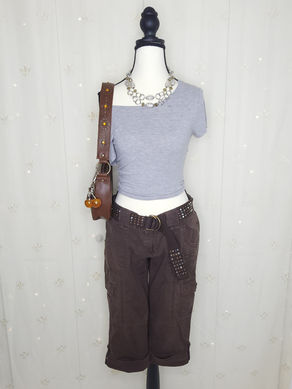 Y2K Brown Lowrise Cargo Capris with Built-In Studded Belt