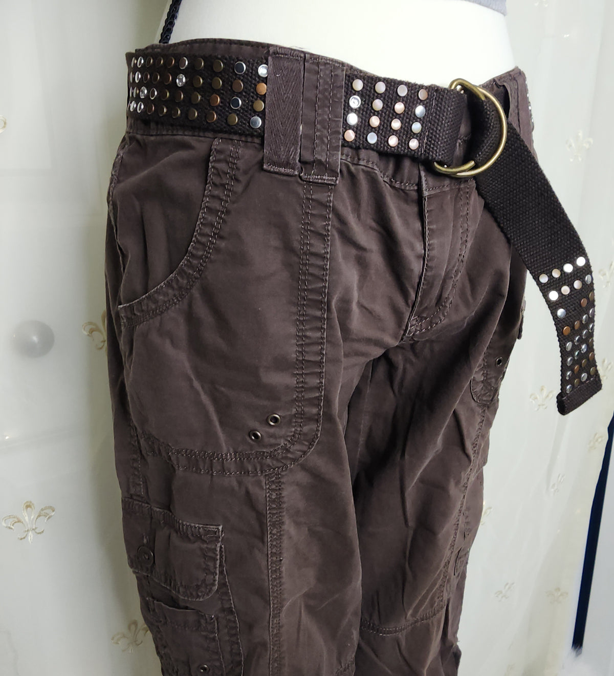 Y2K Brown Lowrise Cargo Capris with Built-In Studded Belt