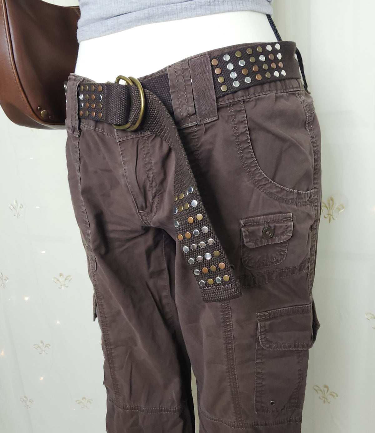 Y2K Brown Lowrise Cargo Capris with Built-In Studded Belt